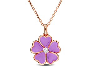 1/10 CT TGW White Topaz with Purple Enamel Flower Pendant with Chain in Rose Plated Sterling Silver