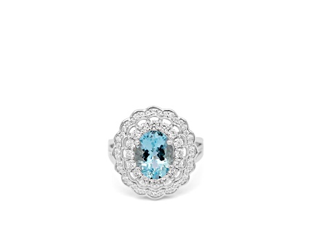 10x8mm Oval Aquamarine and White CZ Rhodium Over Sterling Silver Ring, 2.46ctw