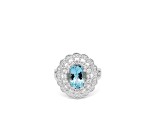 10x8mm Oval Aquamarine and White CZ Rhodium Over Sterling Silver Ring, 2.46ctw