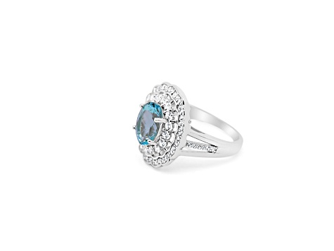 10x8mm Oval Aquamarine and White CZ Rhodium Over Sterling Silver Ring, 2.46ctw