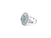 10x8mm Oval Aquamarine and White CZ Rhodium Over Sterling Silver Ring, 2.46ctw