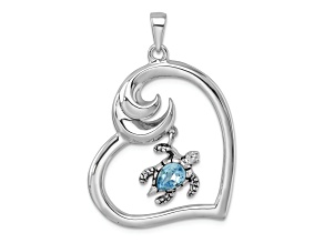 Rhodium Over Sterling Silver Crystal Turtle Heart with Wave Pendant