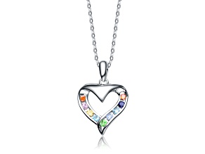 Multi-Colored Cubic Zirconia, Rhodium Plated over Sterling Silver Heart Pendant Necklace