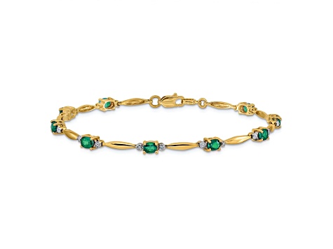 14k Yellow Gold and Rhodium Over 14k Yellow Gold Diamond and Oval Emerald Bracelet