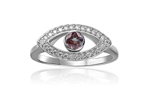 Lab Created Alexandrite with Moissanite Accents Rhodium Over Sterling Silver Evil Eye Ring