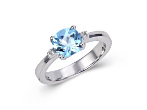 Square Cushion Blue Topaz with White Topaz Accents Sterling Silver Tapered Shoulders Ring, 1.88ctw