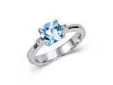 Square Cushion Blue Topaz with White Topaz Accents Sterling Silver Tapered Shoulders Ring, 1.88ctw