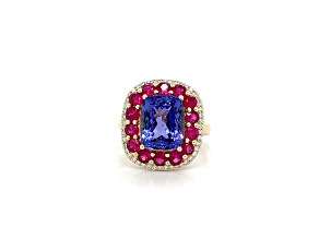 Square Cushion Tanzanite, Ruby and Diamond 14K Yellow Gold Ring