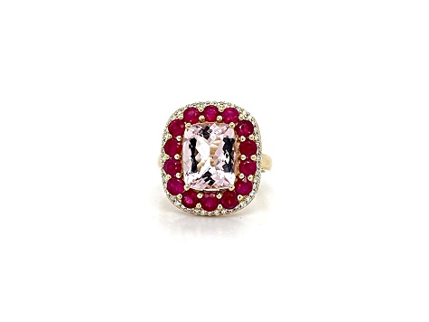 Square Cushion Pink Morganite, Ruby and White Diamond 14K Yellow Gold Ring