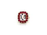 Square Cushion Pink Morganite, Ruby and White Diamond 14K Yellow Gold Ring