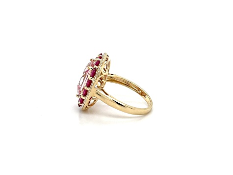 Square Cushion Pink Morganite, Ruby and White Diamond 14K Yellow Gold Ring