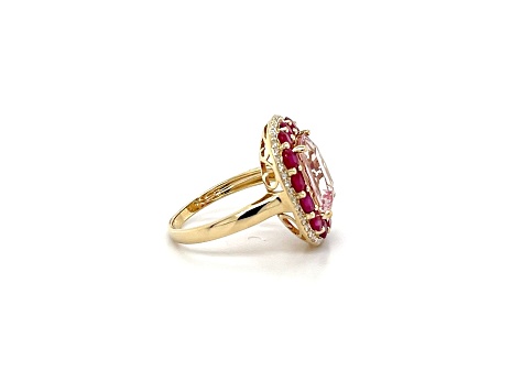 Square Cushion Pink Morganite, Ruby and White Diamond 14K Yellow Gold Ring