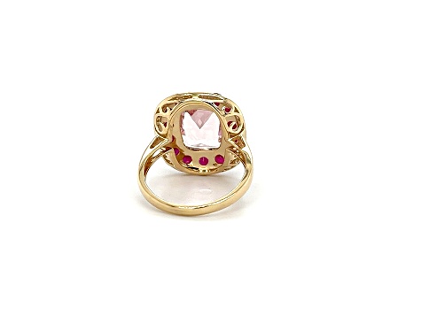 Square Cushion Pink Morganite, Ruby and White Diamond 14K Yellow Gold Ring