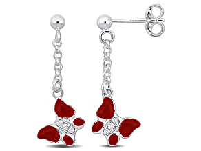 Children's Cubic Zirconia Red Enamel Butterfly Drop Earrings in Sterling Silver