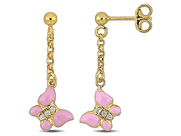 Children's Cubic Zirconia Pink Enamel Butterfly Drop Earrings 18K Yellow Gold Over Sterling Silver