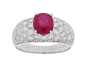 Cushion Red Ruby and White Diamond 18K White Gold Ring. 2.97 CTW