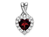 Rhodium Over 14k White Gold Garnet and Diamond Halo Heart Pendant