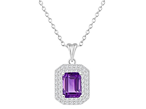 8x6mm Emerald Cut Amethyst And White Topaz Rhodium Over Sterling Silver Double Halo Pendant w/Chain