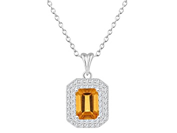 Picture of 8x6mm Emerald Cut Citrine And White Topaz Rhodium Over Sterling Silver Double Halo Pendant w/Chain