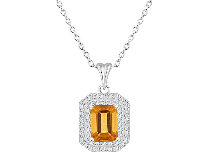 8x6mm Emerald Cut Citrine And White Topaz Rhodium Over Sterling Silver Double Halo Pendant w/Chain