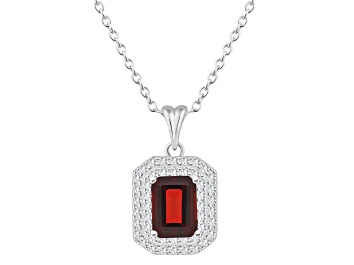 Picture of 8x6mm Emerald Cut Garnet And White Topaz Rhodium Over Sterling Silver Double Halo Pendant w/Chain