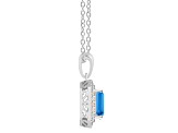 8x6mm Emerald Cut Swiss Blue Topaz And White Topaz Rhodium Over Sterling Double Halo Pendant w/Chain