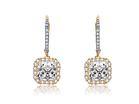 Clear Square Cubic Zirconia, 14k Gold Plated Over Sterling Silver Drop Earrings