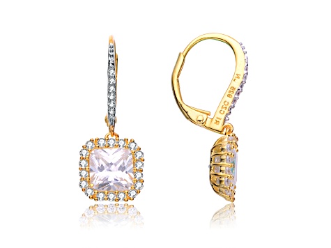 Clear Square Cubic Zirconia, 14k Gold Plated Over Sterling Silver Drop Earrings