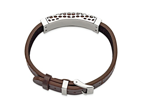 Brown Leather and Stainless Steel Red Agate 7-9-inch Bracelet