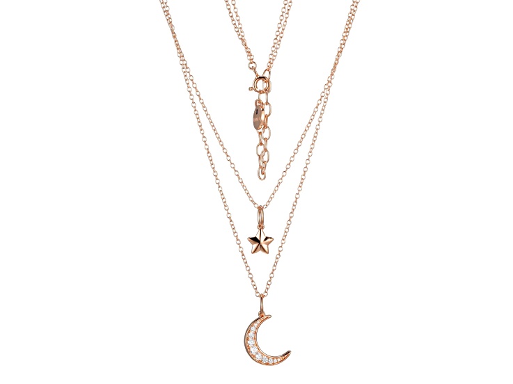 White Cubic Zirconia 18k Rose Gold Over Sterling Silver Moon and Star Layered Necklace 0.36ctw