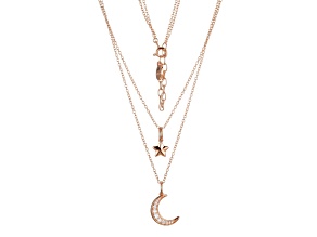 White Cubic Zirconia 18k Rose Gold Over Sterling Silver Moon and Star Layered Necklace 0.36ctw