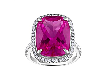 Picture of Pink Lab Created Sapphire Halo Sterling Silver Ring 13.94ctw