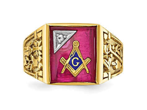 10K Yellow Gold Men's Lab Created Ruby and Diamond Lodge Masonic Ring