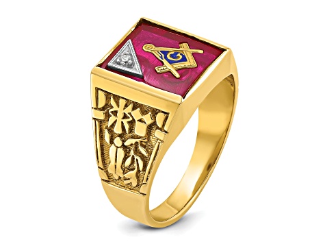 10K Yellow Gold Men's Lab Created Ruby and Diamond Lodge Masonic Ring