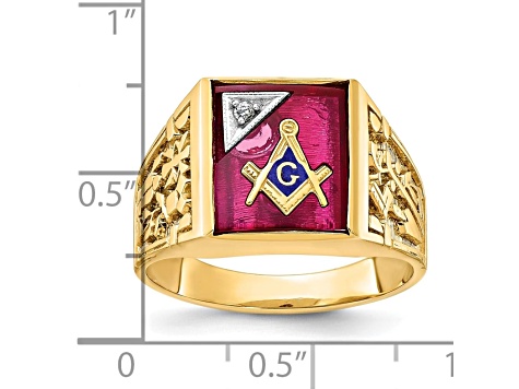 10K Yellow Gold Men's Lab Created Ruby and Diamond Lodge Masonic Ring