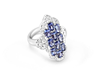 Picture of Rhodium Over Sterling Silver Oval Tanzanite and White Zircon Ring 1.46ctw