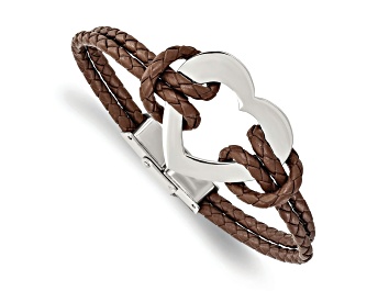 Picture of Brown Leather and Stainless Steel Polished Heart 7.5-inch Bracelet