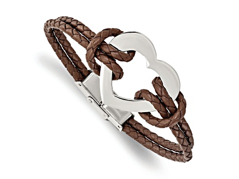 Brown Leather and Stainless Steel Polished Heart 7.5-inch Bracelet