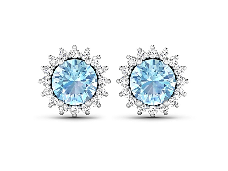 1.30ctw 14K White Gold Aquamarine and White Diamond Halo Earrings