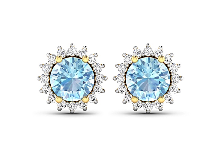 1.30ctw 14K Yellow Gold Aquamarine and White Diamond Halo Earrings