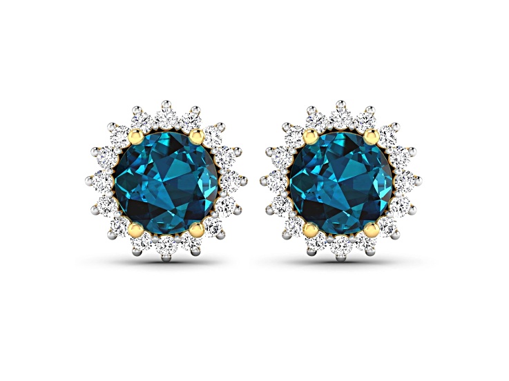 1.60ctw 14K Yellow Gold London Blue Topaz and White Diamond Halo Earrings