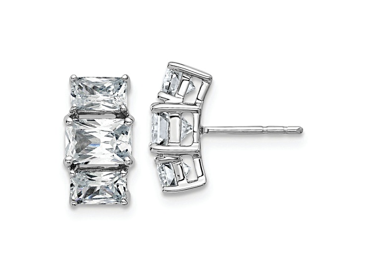 Rhodium Over 14K White Gold Octagon Radiant 3 Stone D E F Pure Light Moissanite Earrings