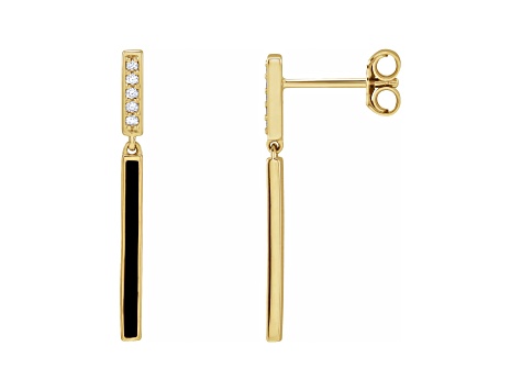 14K Yellow Gold Black Enamel and White Diamond Accent Bar Drop Earrings