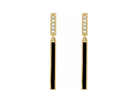 14K Yellow Gold Black Enamel and White Diamond Accent Bar Drop Earrings