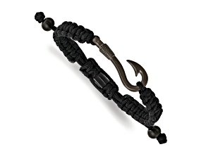 Stainless Steel Brushed Gun Metal IP-plated Fishing Hook Black Nylon Adjustable Bracelet