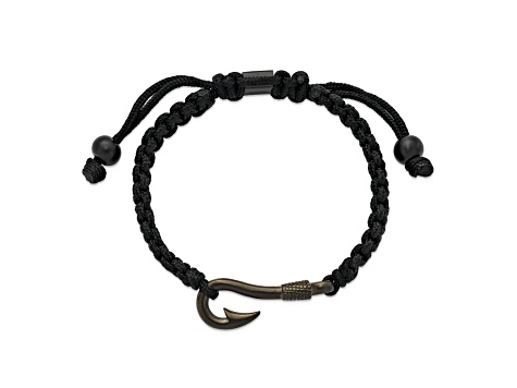 Stainless Steel Brushed Gun Metal IP-plated Fishing Hook Black Nylon Adjustable Bracelet