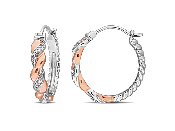 Diamond Accent Twist Hoop Earrings in 2-Tone Rose Gold and White Sterling Silver