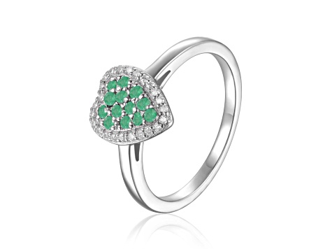 Emerald and Moissanite Sterling Silver Heart Shape Cluster Ring