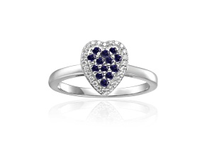 Blue Sapphire and Moissanite Sterling Silver Heart Shape Cluster Ring
