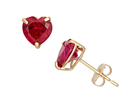 Lab Created Ruby 10k Yellow Gold Heart Stud Earrings 1.40ctw